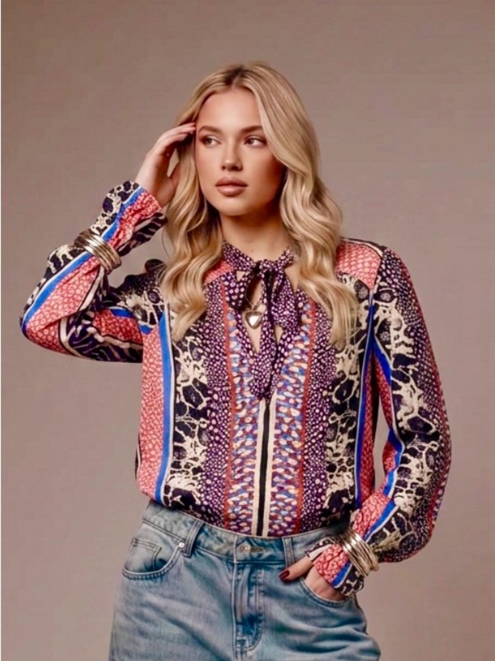Hale Bob Multicolor Mixed-Animal Print Tie-Neck Blouse -S-NWT